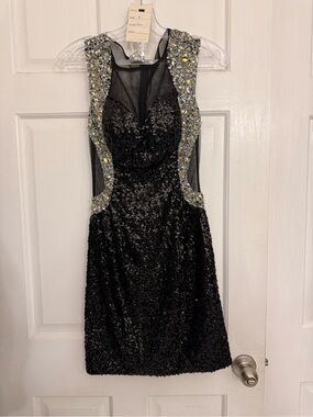 Cocktail Black Sequin Mini Dress with Silver Side Accents
